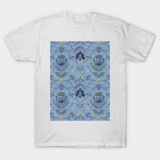 Damask Pattern of Folk Flowers on Deep Blue T-Shirt